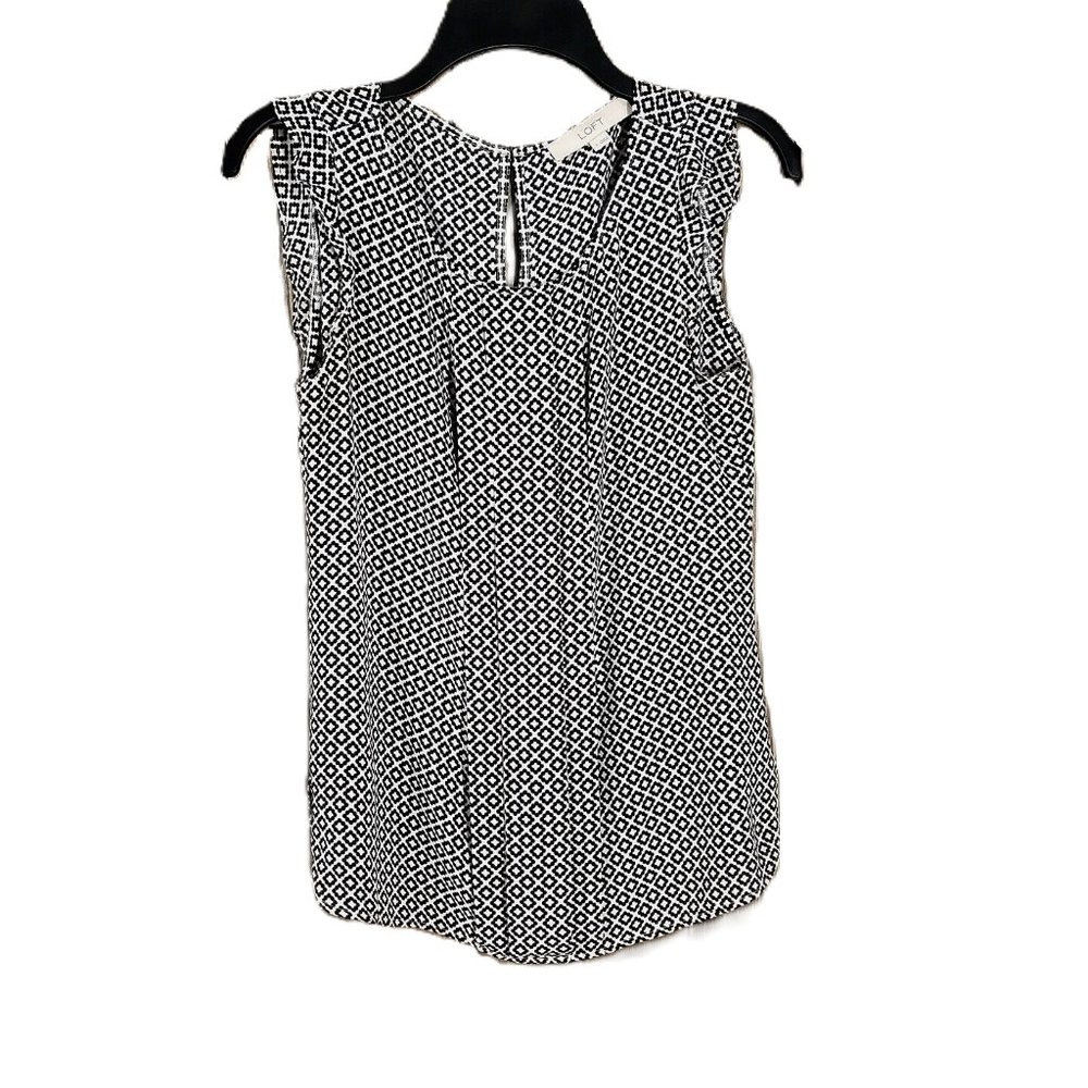 Loft S Women's Black White Diamond Print Flutter Blouse Top